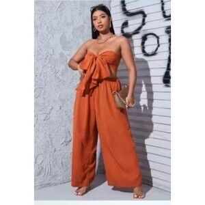 Shein curve 2 piece pant set wide leg pants with bandeau tie front top 3 X